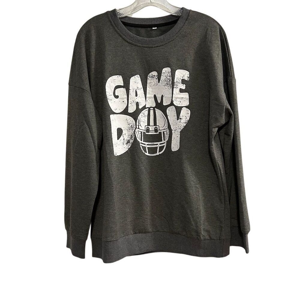 Game Day Football Sweatshirt Unisex L Gray Graphic Pullover Crew Neck
